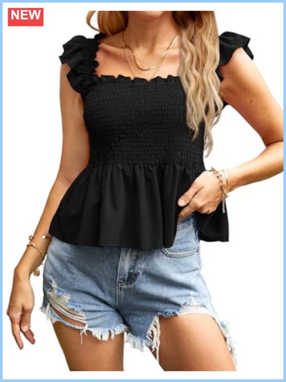 Smocked Peplum Top Ruffle Babydoll Sleeveless Square Neck Tank Shirt